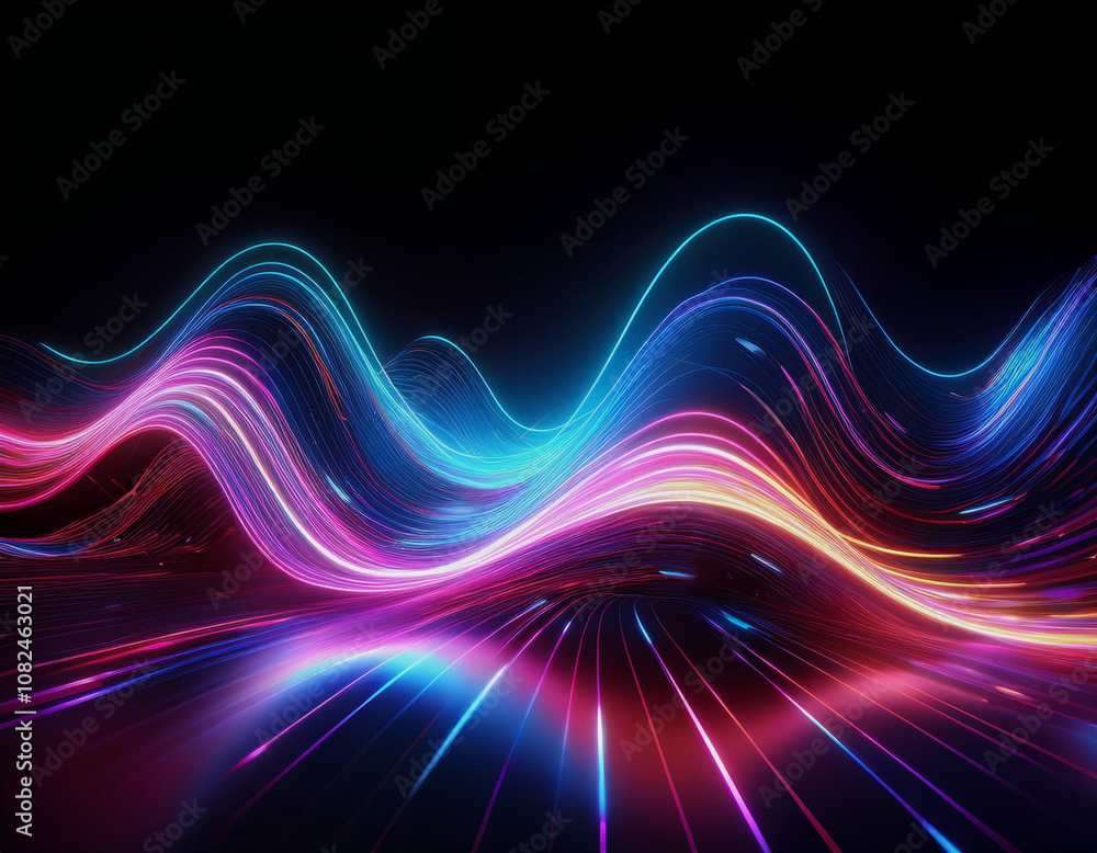 Aufkleber Abstract neon lines form undulating waves on a black background with reflections and glowing streaks.