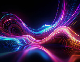 Abstract neon glowing lines in vibrant colors forming waves and curves on a reflective surface.