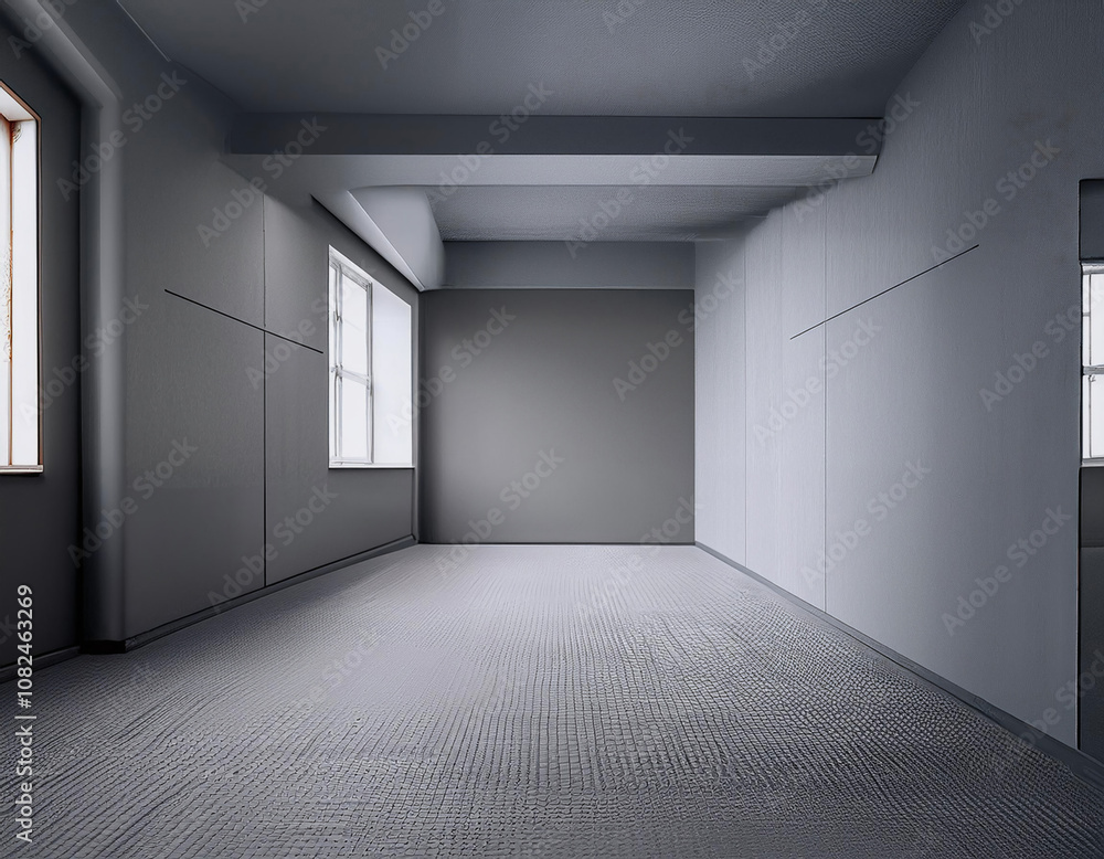 Poster An empty room with two windows, gray walls and carpeting, and a large beam across the ceiling.