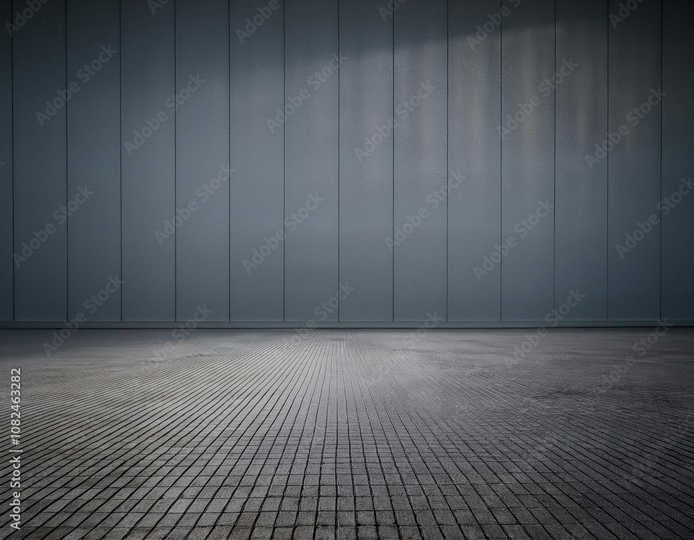 Poster a concrete floor with a patterned texture and a grey wall with vertical lines in the background, ill