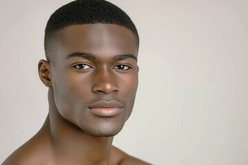 Obraz premium A 25-year-old handsome African-American male model on the left. close-up. Kind facial expression on a light background. Advertising banner