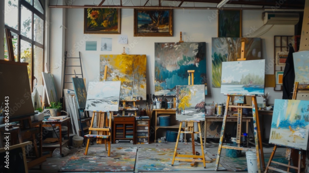Poster a tranquil painting studio with easels and brushes, canvases in various stages of completion, artist
