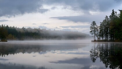 a misty morning landscape with gray fog rolling over a quiet lake reflecting the muted sky