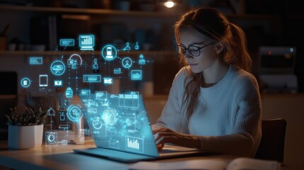 Professional at work on a laptop with glowing icons for standard operating procedures, illustrating streamlined processes and efficiency.