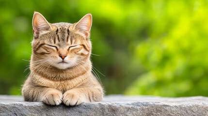 Obraz premium peaceful cat resting on stone, enjoying serene moment outdoors