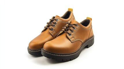 Brown Camel Pairs safety leather shoes white background, Work shoes for men in factory or industry to protect foot from accident. Safety footwear. Oil and acid resistant shoes 4k high-resolution