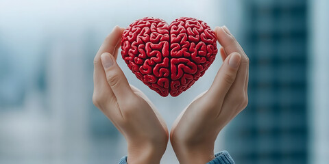 Hands forming heart shape around brain symbolizing mental health