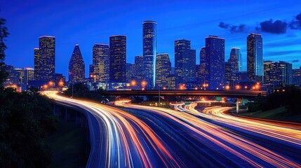 Fototapeta premium A Beautiful Night Cityscape Featuring Long Exposure Light Trails from Vehicles on a Highway, Illuminated Skyscrapers, and a Vibrant Urban Setting. Ideal for Urban Architecture and Modern City Living