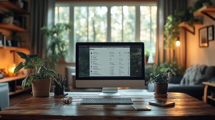 Personal finance website monitor mockup in a cozy home office. Generative AI