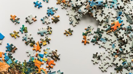 A tranquil puzzle assembly area with pieces spread out, Puzzle pieces and board organized neatly, Classic brain-teaser style
