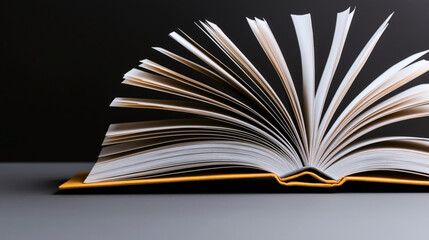 Fototapeta premium Open book with a yellow cover, pages fanning out against a dark background, symbolizing knowledge and education.