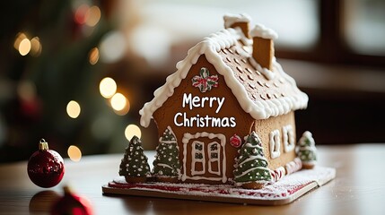displayed on a gingerbread-scented card in the shape of a house, where "Merry Christmas" is piped in white icing.