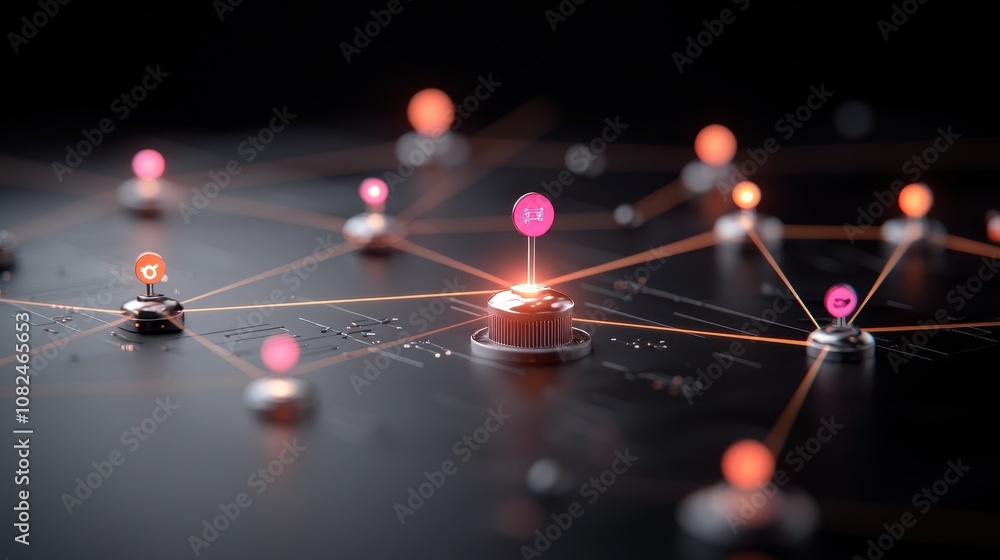 Poster futuristic network visualization of digital connections with bright nodes and links representing dat