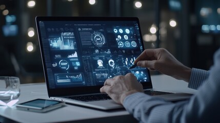 Businessman at a desk with a laptop displaying digital SOP icons including operation, sequence, and quality in a clean, futuristic workspace
