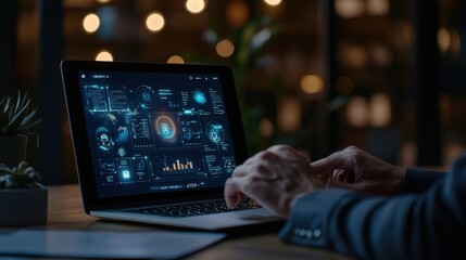 Businessman at a desk with a laptop displaying digital SOP icons including operation, sequence, and quality in a clean, futuristic workspace