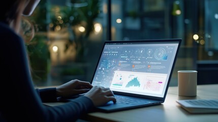 Business professional looking at a laptop displaying floating SOP icons for streamlined workflow and quality standards, symbolizing productivity.