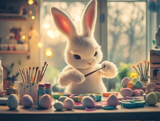 Easter bunny painting eggs in sunny art studio