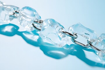 A broken chain made of ice, a clean blue background, a clear close-up shot, and an illustrative style