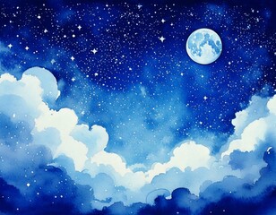 Fototapeta premium watercolor painting of a night sky with clouds,stars , and the moon with empty copy space in the middle