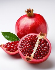 Ripe pomegranate fruit and one cut in half with leaf