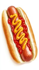 A classic hot dog in a bun topped with ketchup and mustard, perfect for picnics or barbecues.