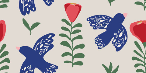 Seamless pattern botanical hand drawn beautiful style ornament with birds. Abstract trendy  print. Fashionable vector template for your design