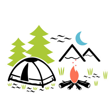 Vector illustration, an image of a campfire and a tent in the forest in nature. Isolated on a white background.