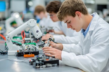 A group of engineers in white lab coats, working on an advanced robotic arm with various parts and components displayed on the table in front of them
