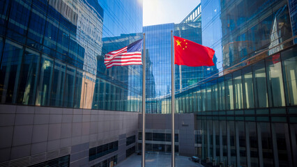 The flags of the United States and China flying together in a modern office plaza surrounded by glass buildings, with business people walking by and bright sunlight illuminating the scene.