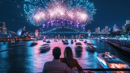 Fototapeta premium Sydney Harbour Bridge Fireworks Night View Couple