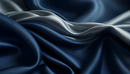 Obraz premium Abstract Background with 3D Wave in Deep Blue and Silver Gradient Silk Fabric.