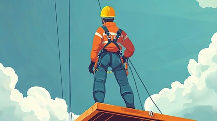 Obraz premium A Construction Worker Secured by Ropes and a Harness on a Platform