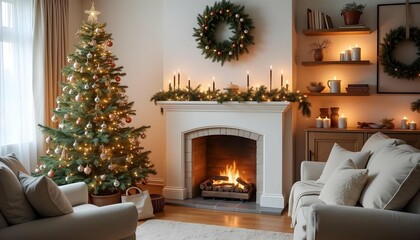 A cozy and festive living room with a white fireplace, a decorated Christmas tree, and a wreath on the wall. The room has a warm and inviting atmosphere