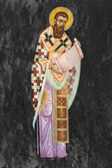 Traditional illustration of Gregory Palamas. Religious image on black stone wall background in Byzantine style