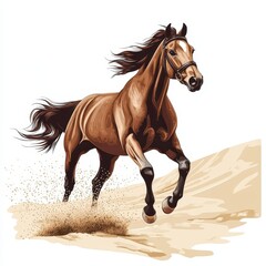 Obraz premium A powerful horse gallops energetically across a sandy surface, showcasing its strength and grace in motion.