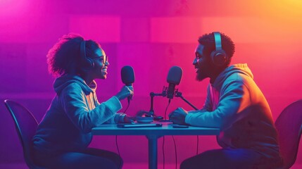 A lively scene of people actively engaged in podcast recording, sitting around a table with microphones and headphones, capturing an expressive and energetic moment in a warm studio environment.