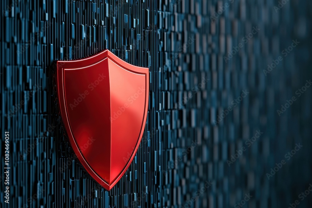 Poster quantum computing of cryptography concept. a sleek, digital shield symbol in vibrant red against a t