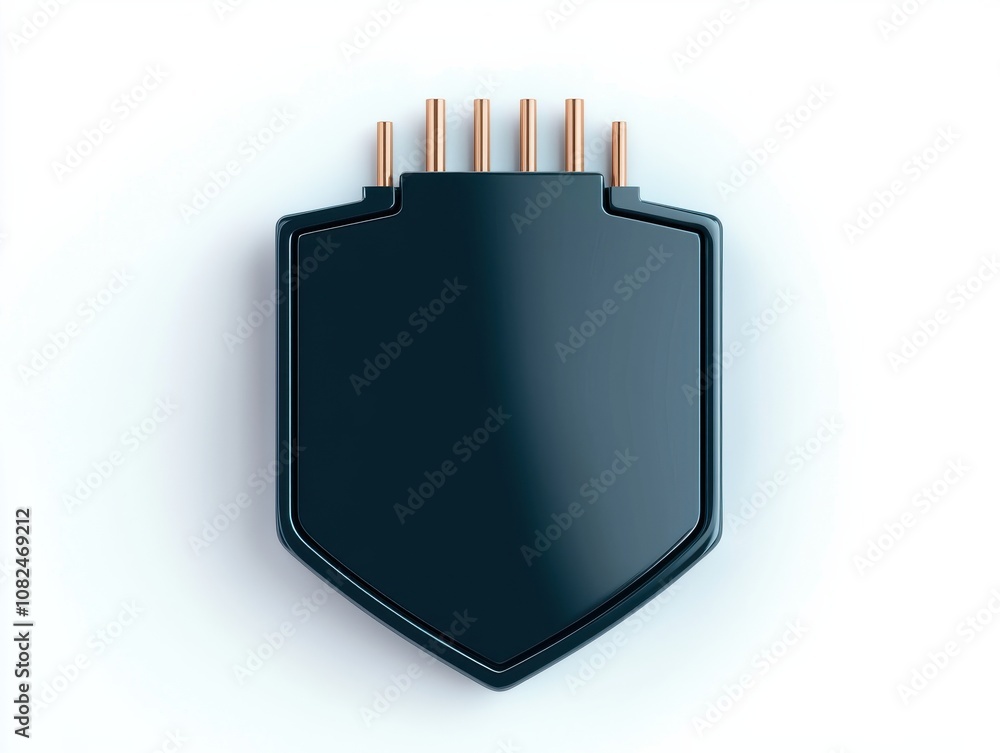 Poster quantum computing of cryptography concept. a sleek black shield with five golden pins, symbolizing s