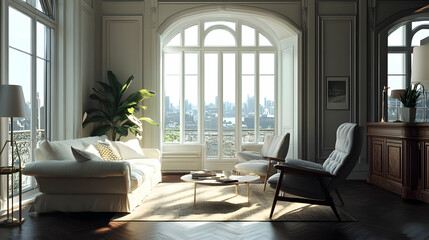 Fototapeta premium Minimalist Upper West Side pre-war apartment with restored moldings, classic Manhattan residence