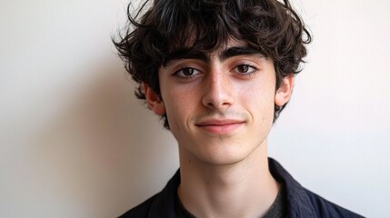 Fototapeta premium Young man smiling confidently in a casual shirt, posing against a clean white backdrop, perfect for lifestyle, fashion, or portrait photography projects.