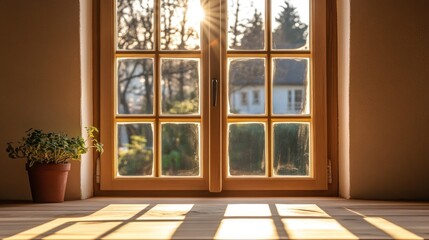Fototapeta premium A sunlit window with a potted plant, casting shadows on a wooden floor.