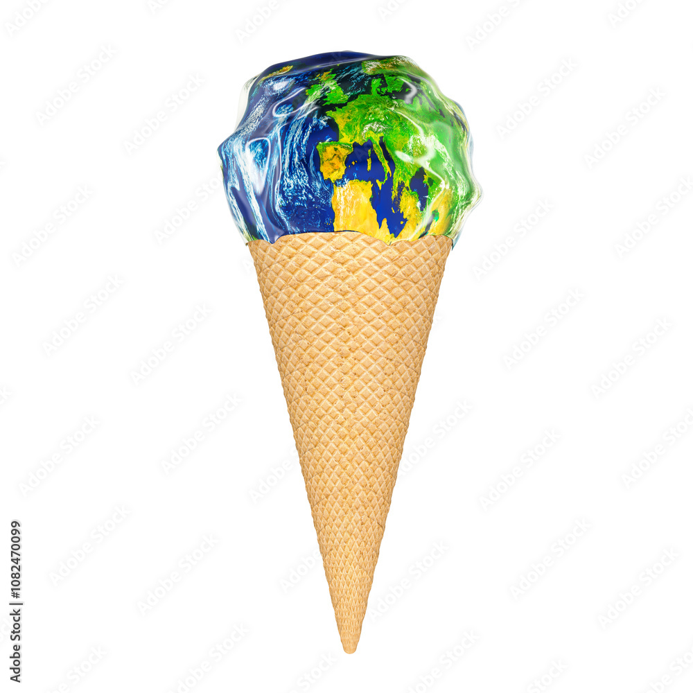 Poster ice cream cone with earth melts. global warming and climate change concept. 3d rendering isolated on