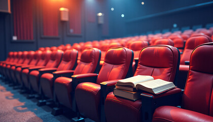 Fototapeta premium Red cinema seats with an open book on the armrest in a movie theater