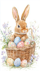 Adorable watercolor style easter bunny nestled in a basket with colorful easter eggs. Surrounded by delicate flowers, creating a charming easter scene. Design for easter greeting card.