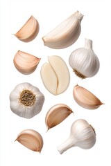 Detailed Arrangement of Whole and Clove Garlic on a White Background Showcasing Various Types and Textures in Culinary Contexts