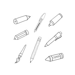 illustration of pencils outline graphics set, hand-drawn pen vector illustration, pen clipart bundle