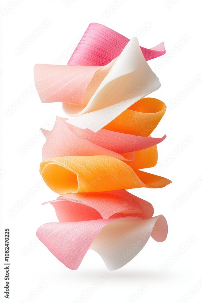 Poster colorful abstract paper twists in shades of pink, orange, and white, creating a dynamic visual eleme