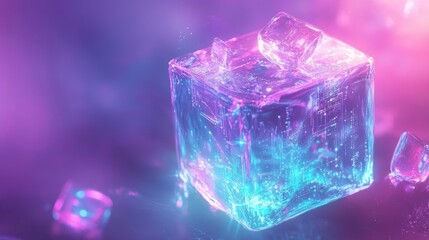 A transparent digital ice cube floating mid-air, encasing glowing fruit fragments and embedded circuit patterns, set against a gradient purple and teal cyberpunk backdrop for a futuristic ambiance.