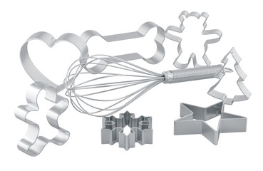 Cookie Cutters Christmas Shapes for Holiday Winter Baking with metallic balloon whisk. 3D rendering