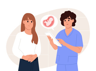 Obstetrician doctor consulting female patient expecting a baby about pregnancy during check up. Vector illustration in flat style